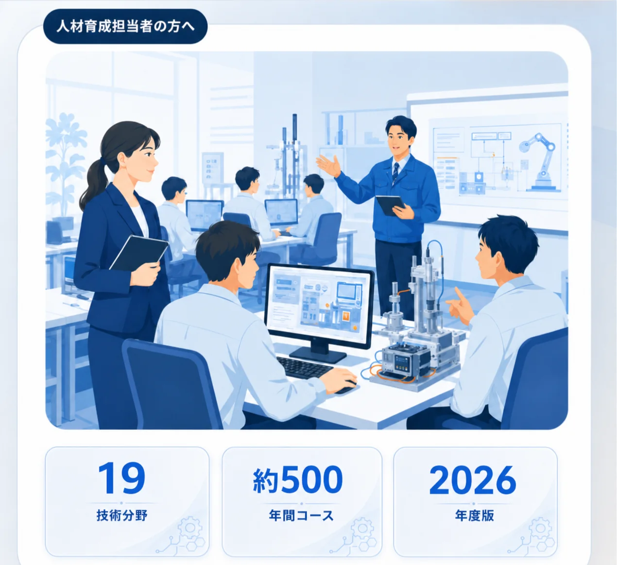 人材育成担当者が技術研修の様子を見守るイメージ。19技術分野、年間約500コース、2026年度版。